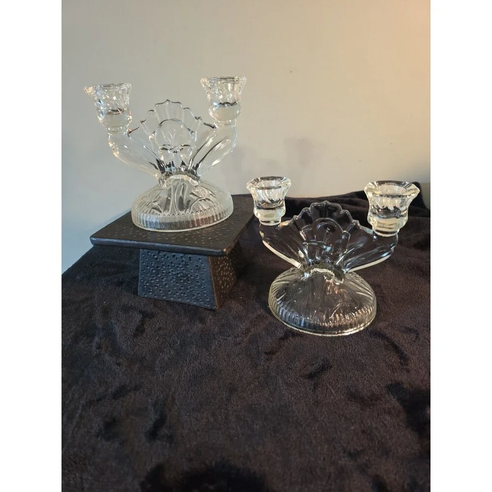 Double Candle Holder IRIS Jeannette Glass Iris and Herringbone PAIR
